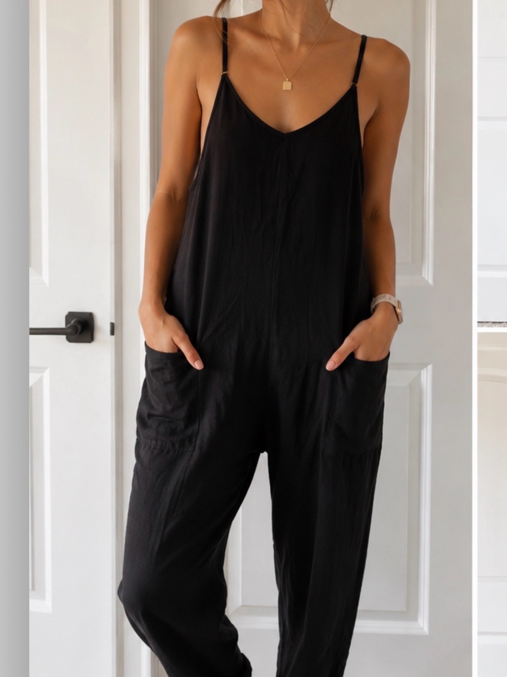 Everyday Black Spaghetti-Strap Jumpsuit with Pockets